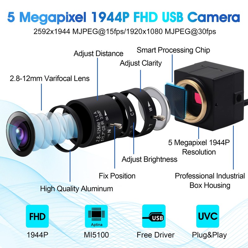 IFWATER USB Camera 5MP Webcam 4X Variable Focus PC Camera