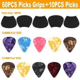 Pack of 60 Guitar Pick Grips, 0.3 mm / 0.012 in Thin Non-Slip Grips for Guitar Picks and 10 Pieces Guitar Picks with Handle - Help Hold Guitar Picks Firmly
