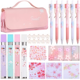 Crtiin 74 Pcs Kawaii Cherry Blossom Stationery Set Japanese Kawaii Pencil Bag Mechanical Pencil Cherry Erasers Pencil Refill and Stickers for Office Party Favors(Pink)