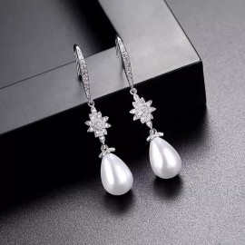 ZARD Wedding Earrings Pearl Teardrops CZ Pave Bridal Jewelry Sterling Silver