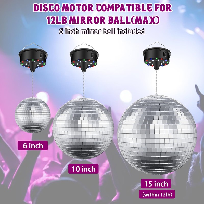 Disco Ball with Motor and Light, 5/8/10/15 RPM Variable Rotating