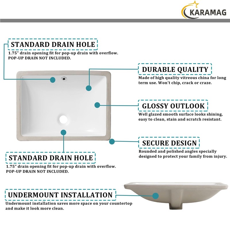 Ada Compliant 20"x15" White Ceramic Rectangle Undermount Bathroom Sink with