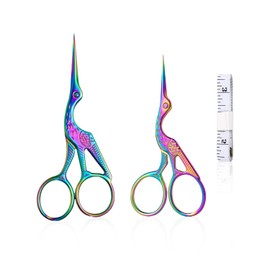 LSYYSL 2 Small Scissors, 1 Double-Sided Soft Ruler, Metal Stork Scissors, Colorful Embroidery Scissors, Multifunctional Scissors