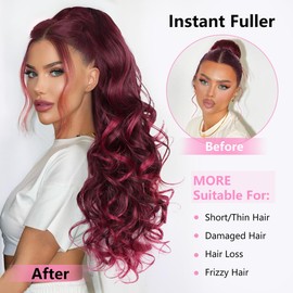 ALXNAN Ponytail Extension,24 Inch Claw Clip in Long Curly Wavy Wine Red Ponytail Hair Extension Jaw Clip on Pony Tails Hairpiece for Women