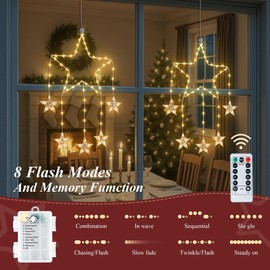 LED Christmas Window Lights,Hopolon 2Pack Hanging Star Lights,73 LED Christmas Star Light Xmas Light Twinkle for 8 Modes with Timer Memory for Indoor Outdoor Wall Holiday Glass Party Decor Warm White