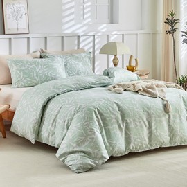 Tokokimo Bed Linen 200 x 200 cm, Bed Linen 3-Piece Duvet Cover, Floral Branch Pattern, Microfibre, 200 x 200 cm, Microfibre Bed Linen Set with Pillowcase with Zip 80 x 80 cm x 2, Light Green Leaf