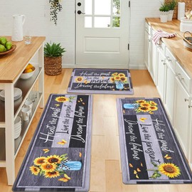 Likiyol Kitchen Mats for Floor Sunflower Kitchen Rugs Anti Fatigue Farmhouse Floral Non Slip Kitchen Rugs and Mats Washable Kitchen Floor Mat for Sink,Home, 18" x 30" + 18" x 48" + 18" x 60", Black