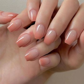 30 Pcs Gradient Pink Coffin Press on Nails Medium Fake Nails, Reusable Glue on Nails Short Ballerina Nails Press ons, French Acrylic False Nails Full Cover Artificial Fingernails for Women