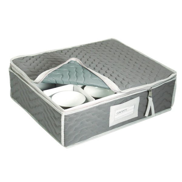 China Cup Storage Chest - Deluxe Quilted Microfiber (Light Gray) (13"H x 15.5"W x 5"D)