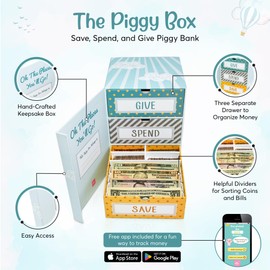 The Piggy Box Save Spend Give Piggy Bank | Teach Children About Saving Money & Giving | Three Drawers for Bills and Coins | Great for Birthday Room Decor