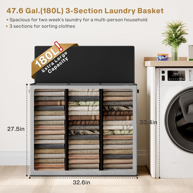 SOLEDI 180L Laundry Hamper 3 Section, Extra Large Laundry Hamper