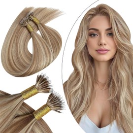 Ugeat Nano Bead Extensions Real Human Hair Blonde Highlight Nano Tip Hair Extensions for Women Golden Brown Highlights Bleach Blonde Nano Hair Extensions Human Hair 24inch 50G 50S