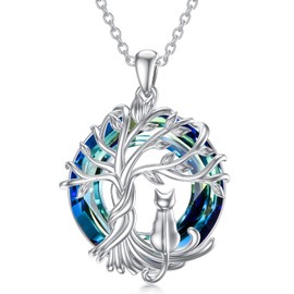 TOUPOP Cat Gifts for Cat Lovers Sterling Silver Family Tree of Life Whiter Cat Pendant Necklace with Blue Circle Crystal Birthday Christmas Jewelry Gifts for Women