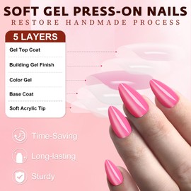 Bellelfin Pink Press on Nails Almond Medium Length, Full Cover Cat Eye Press on Fake Nails Glossy Acrylic Almond Shape Glue Nails for Women Girls, 120Pcs