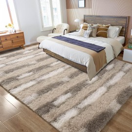 Meralax Area Rugs for Living Room Bedroom, Machine Washable 5x8 Feet Soft Fluffy Shaggy Bedside Rug, Beige and White Stripe Indoor Floor Carpet for Boys, Dorms, Nursery Rooms, Home Decor Aesthetic