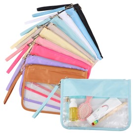 10 Pcs Clear Makeup Bags, Flat PVC Travel Pouches, Waterproof & Dustproof Zipper Pouches for Cosmetics, Toiletries, Snacks, Assorted Colors, Large Capacity for Organization and Travel