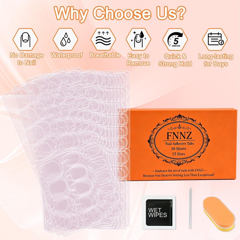 FNNZ 15 Sizes Nail Adhesive Tabs, 300Pcs 0.3MM Pro Max