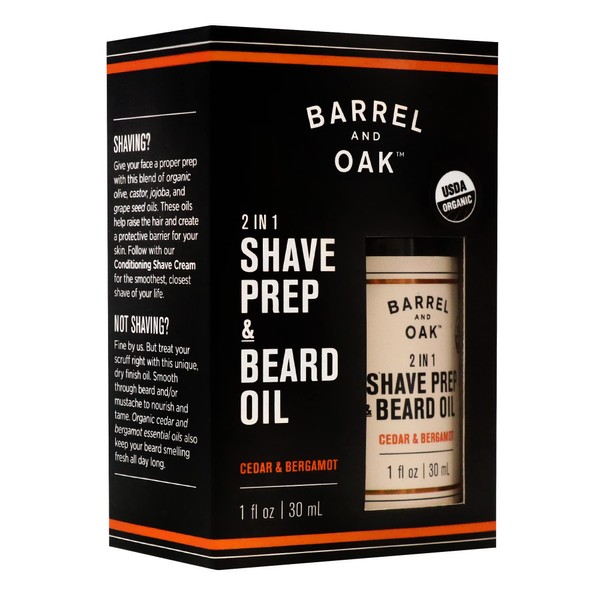 Barrel and Oak - Organic Shave Prep & Beard Oil, 2-In-1 Shave Oil for Men, Pre-Shave Oil or No Shave Oil, Essential Oil Protective Barrier, Nourish & Tame Facial Hair, Vegan (Cedar & Bergamot, 1 oz)