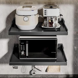 Aopimosd Wall-Mounted Microwave Oven Shelf Rack Cooker Holder，Stainless Electric Pot Racks with Slidable Hooks for Kitchen Storage Accessories Service Storage Rack Shelves (Black Double-Layer)