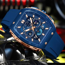 findtime Men Watch Chronograph Analog Sport Wristwatch Waterproof Running Stopwatch Watches for Men Luminous Moon Phase Unique Tonneau