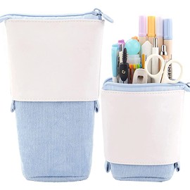 Cute Pencil Case, OLIYuMi Telescopic Pencil Pouch Stand Up Pencil Case Pencil Storage Box Stationery Organizer Makeup Bag with Zipper Closure for Student Office College Boys and Girls (Blue DIY)