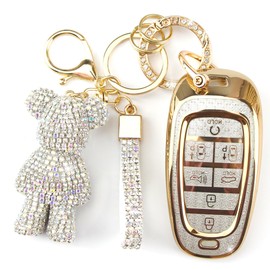 Rayslesan Cute Key Fob Cover with Rhinestone Bear Charm, Bling TPU Smart Key Case for Women, Compatible with Hyundai Sonata Santa Fe Tucson Nexo 2019-2021 Palisade 2023-2024 (7-Button, Gold White)