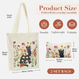 BROADREAM Black Cat Canvas Tote Bag with Zipper Pockets Vintage Aesthetic Tote Bag with Pouch - Floral Large Capacity Reusable Shopping Grocery Bags Birthday Gifts for Women(Flower & Cat)