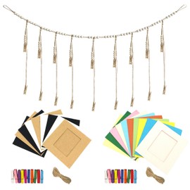 Wall Hanging Photo Display Sets, 43.3in Wooden Beads Garland with 38Pcs Multicolor Clips, Boho Photo Hanging Display String with 20 Sheets Photo Frame Paper for Home Office Decoration