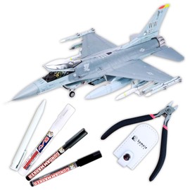 Tamiya 1/48 F-16CJ No.98 Fighting Falcon 61098 & Gundam Marker Panel Lining Pens Black GM301・Gray GM302, Eraser Pen GM300 & Nippers & Knock Eraser Set