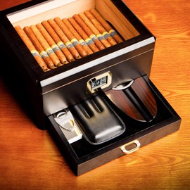 Woodronic Cigar Humidor with Accessory Drawer for 50 Cigars, Humidifier & Humidor Solution, Digital Hygrometer, Spanish Cedar Liner & Divider, Cigar Box for Men