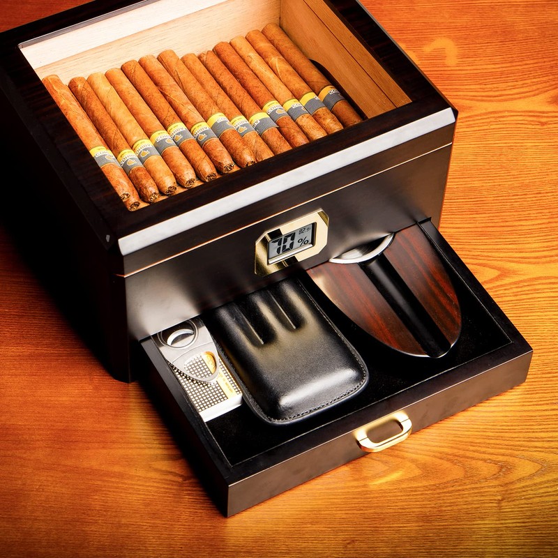 Woodronic Cigar Humidor with Accessory Drawer for 50 Cigars, Humidifier