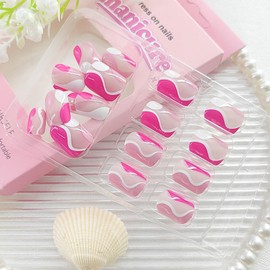 Square Press on Nails Short False Nails Rose Red with White Curve Glue on Nails Nude Full Cover Fake Nails Press ons Glossy Acrylic Nails Artificial Stick on Nails for Women 24Pcs