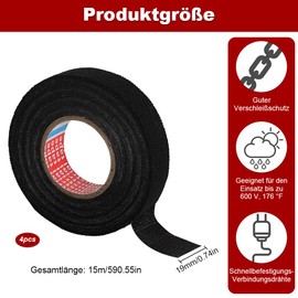 Megcdtr Car Fabric Tape, 4 Rolls Fabric Tape 19 mm x 15 m, Car Wiring Harness Felt Tape PET Fleece 51608 Insulation Tape Black Wiring Harnesses Electrician Tape for Car Cable Attached