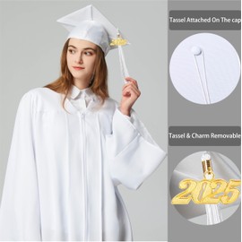 MyGradDay Unisex Adult Matte Graduation Cap with 2024 2025 Tassel Year Charm for High School & Bachelor White