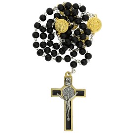 Wooden and Metal Saint Benedict Rosary | Black Beads and Gold-Tone St. Ben Medals and Crucifix | Patron Saint of Students | Great Catholic Gift for First Communion and Confirmation | Made in Italy,