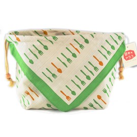 Furoshiki japonés lindo pañuelo & Bento Kinchaku bolsa de tela de algodón hecha a mano en Kyoto regalos souvenir (25 x 15 x 8,5 cm, cubiertos verde)