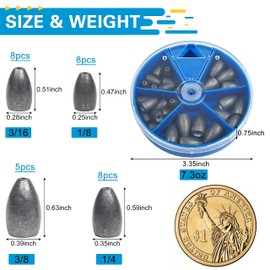 Bullet Fishing Sinkers Weights Kit, 29pcs Flipping Weights Fishing Sinkers Worm Weights Slip Sliding Sinkers for Bass Fishing Texas Rigs Saltwater Freshwater Fishing Tackle
