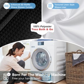 VANZAVANZU Luxury 3 in 1 Shower Curtain Set 3D Textured Waffle Weave Bathroom Curtain with Waterproof SGS Certified Fabric Liner & 12 Anti-Fall Stainless Steel Hooks, Machine Washable 72"x84" (Black)