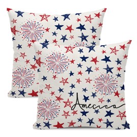 4th of July of July Pillow Covers 18x18 Set Of 2 America Memorial Day Blue Red Fireworks Stars Throw Pillow Covers Outdoor Independence Day Patriotic Pillowcase Farmhouse Cushion Cover For Home Sofa