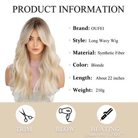 OUFEI Blonde Wigs for Women, Long, Curly Wig with Fringe, Wavy Wig with Dark Roots, Natural, Synthetic Hair, for Daily Wear, Parties, Cosplay Wear, 61 cm