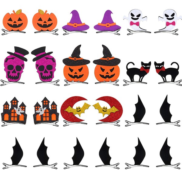 24 Pieces Halloween Cartoon Hair Clips Bat Pumpkin Ghost Cat Hat Design Hair Pins Hair Accessories Costume Props for Halloween Party Supplies (9 Patterns)