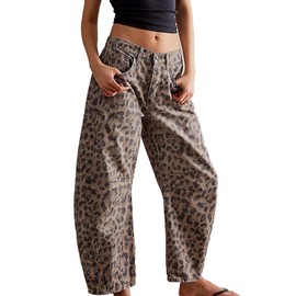 YSW Cheetah Barrel Jeans Women Leopard Print Y2k Mid Rise Baggy Boyfriend Pants Wide Leg Ankle Boho Jean Khaki M