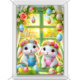 BlissYard Easter Window Cover Floral Crowns Bunny Easter Eggs Banner Photography Background Decorations for Easter Spring Window Floral Rabbit Easter Baby Shower Jesus Party Photo Props 31 x 47 inch