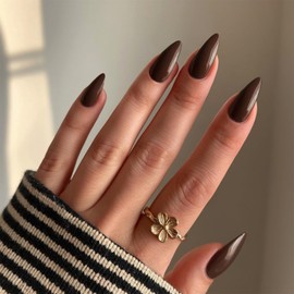 KQueenest Dark Brown Press On Nails, Medium Almond, Acrylic Nails for Sticking, Natural Plain Fake Nails, Fingernails for Gluing, Shiny Gel, Full Cover False Nails for Women, Pack of 24