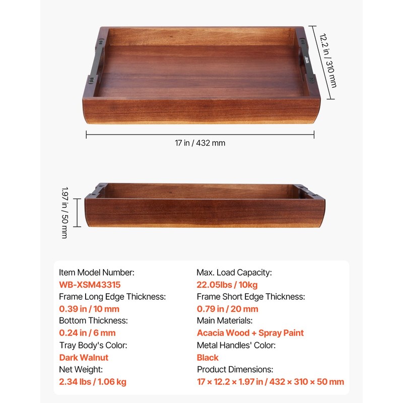 VEVOR Wood Serving Tray, Acacia Wooden Tray Board with Handles,