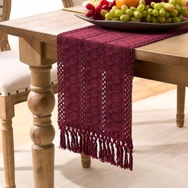 Boho Table Runner Cotton Linen with Hand Tassels Rectangular Crochet Lace Table Runner Vintage Burgundy Red Macrame Country House Style for Coffee Dining Room Tabletop Decor 30 x 140 cm