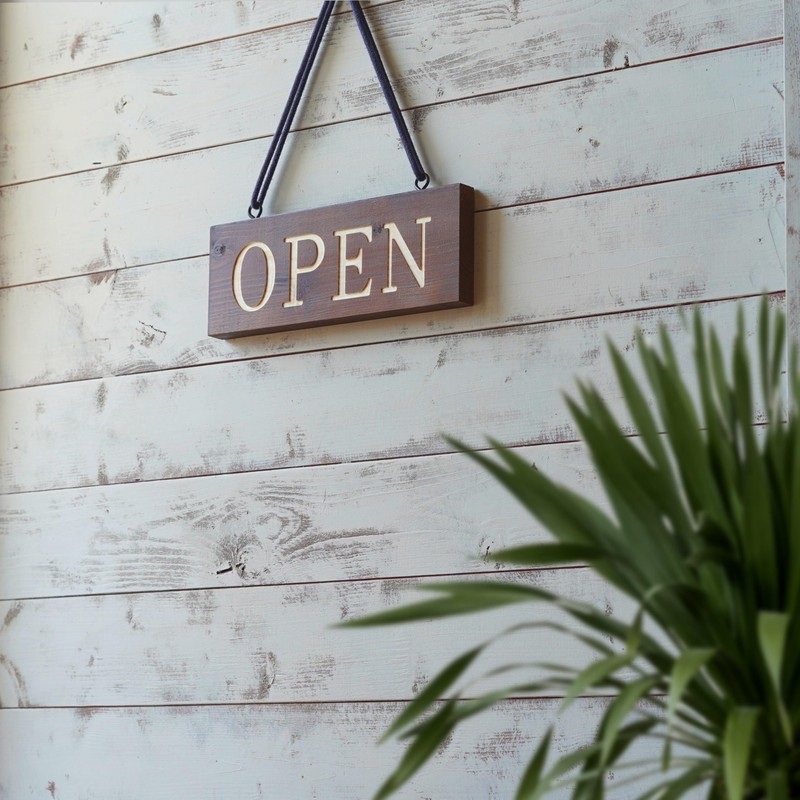 Open Wooden Sign (Width 9.4 inches (24 cm) Brown) Front