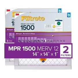 Filtrete 14x14x1 AC Furnace SMART Air Filter, MERV 12, MPR 1500, Track Filter Life With Bluetooth Enabled Sensor, CERTIFIED asthma & allergy friendly, 2-Pack (Actual Size 13.84x13.84x1.1 in)