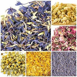 Edible Flowers for Drinks and Food, Bulk Edible Dried Flowers for Soap Making and More! 1.5 Cups Each- Jasmine, Rosebuds, Rose Petals, Lavender, Marigold, Chamomile, Bonus Rose Essential Oil, Kosher