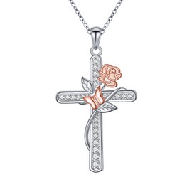 Lonyinlg 925 Sterling Silver Cross Rose Necklaces Dainty Cross Pendant for Mothet's Day Christmas Valentine's Day Anniversary Jewelry Gift for Women Wife Daughter